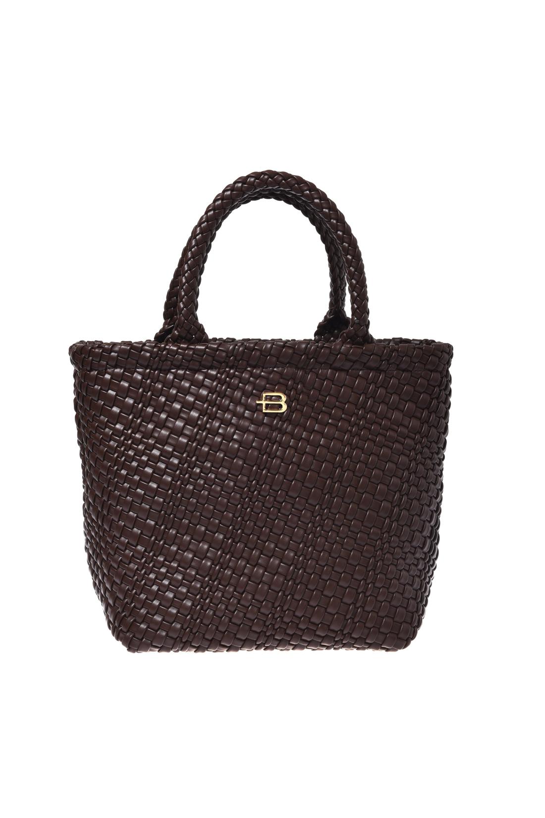 Dark brown woven faux leather handbag