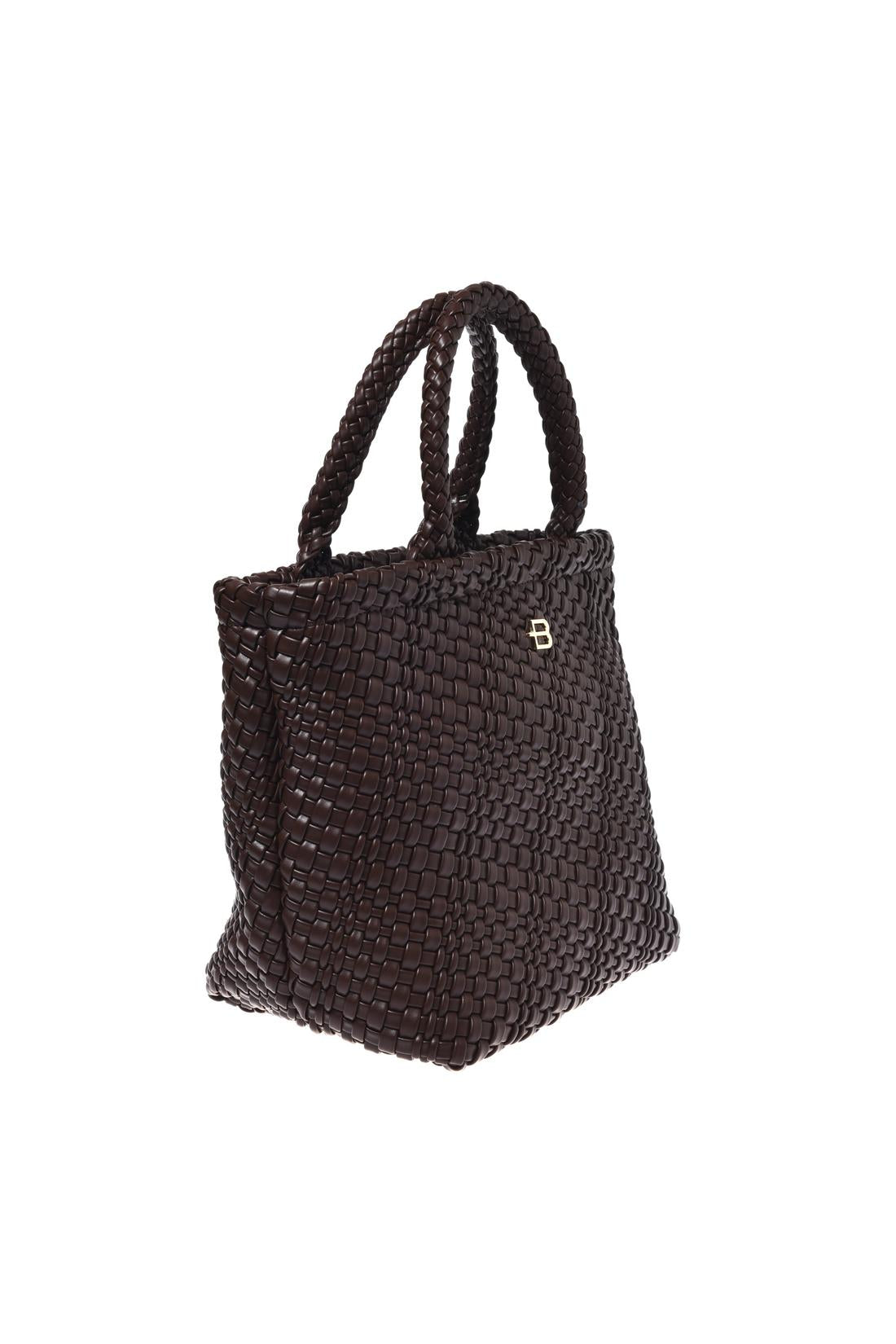 Dark brown woven faux leather handbag