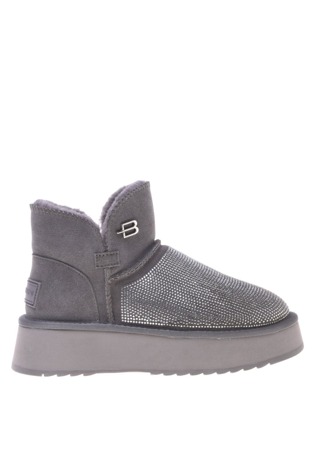 Ankle boot in grey suede leather with rhinestones