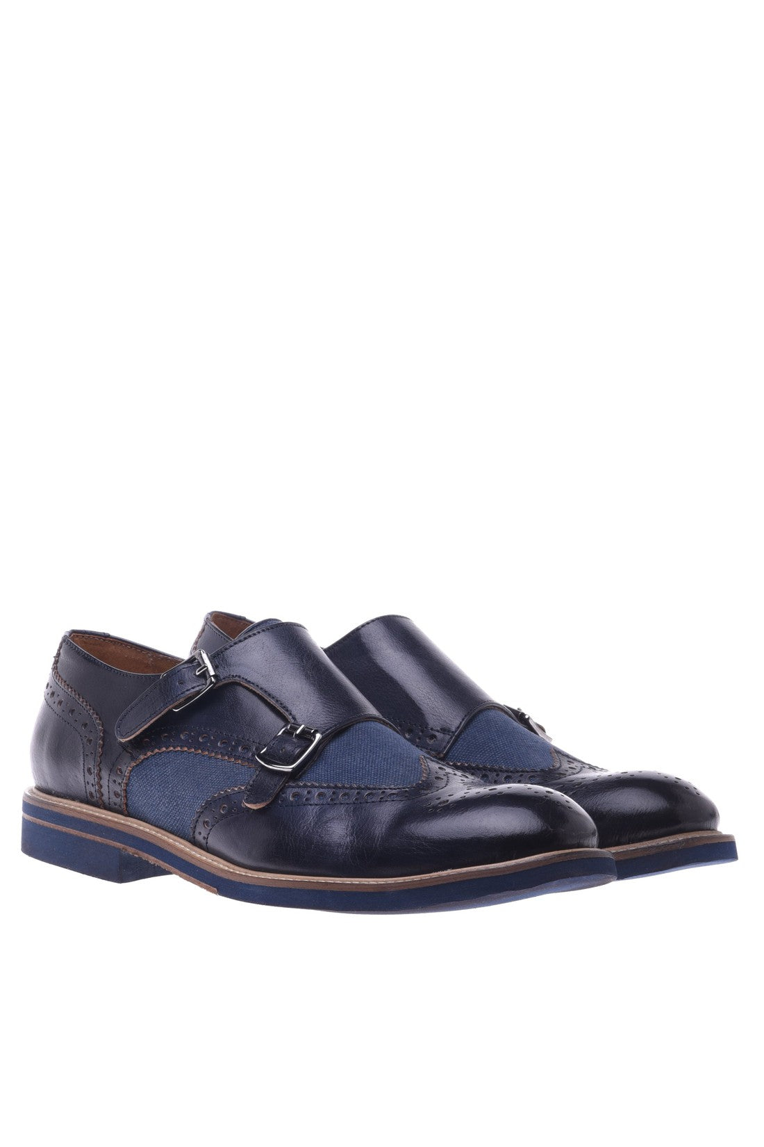 Blue calfskin and canvas lace-up with double buckle