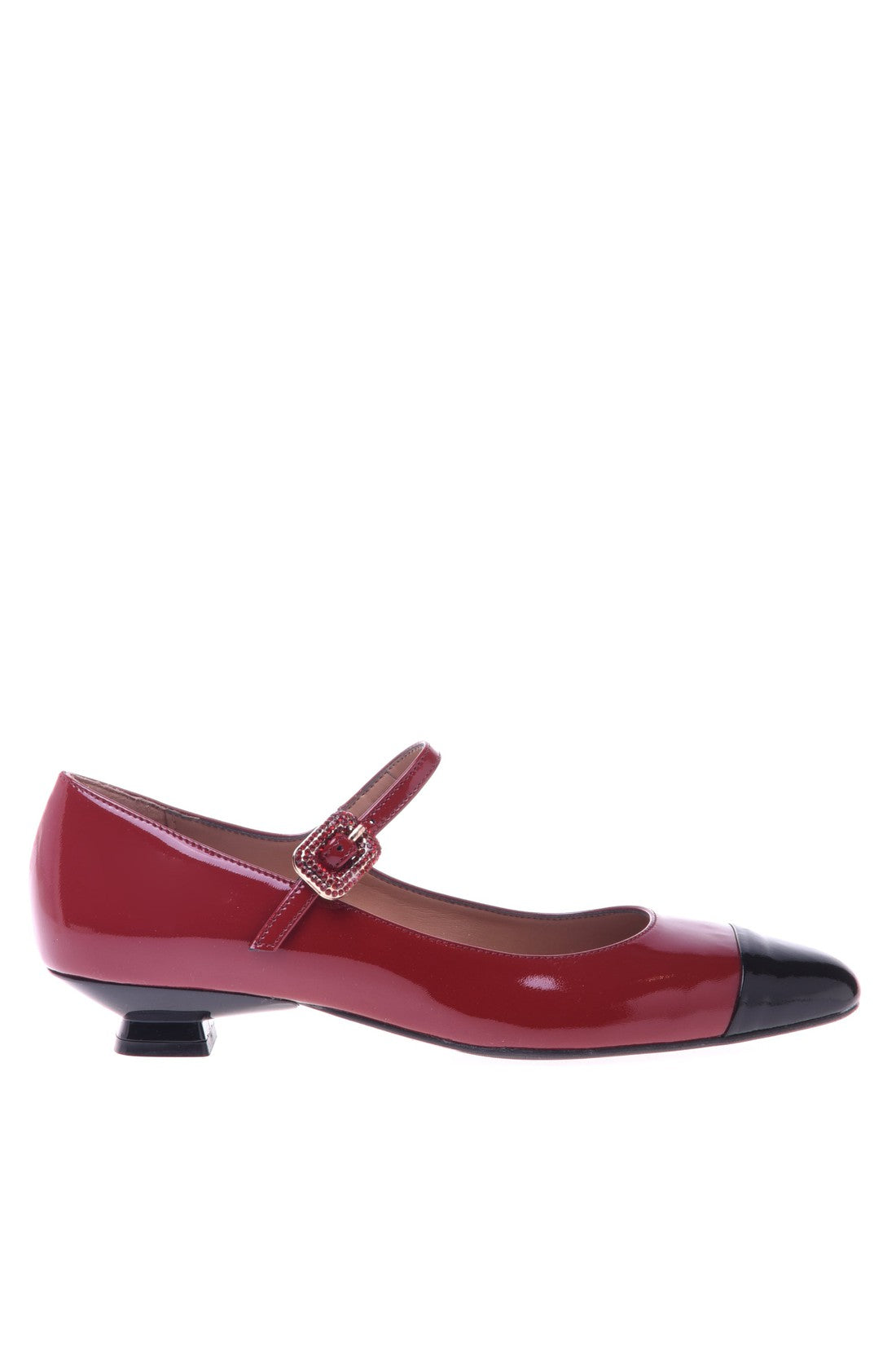 Red and black patent low court shoe