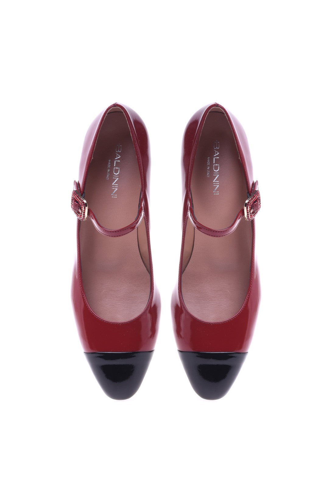 Red and black patent low court shoe