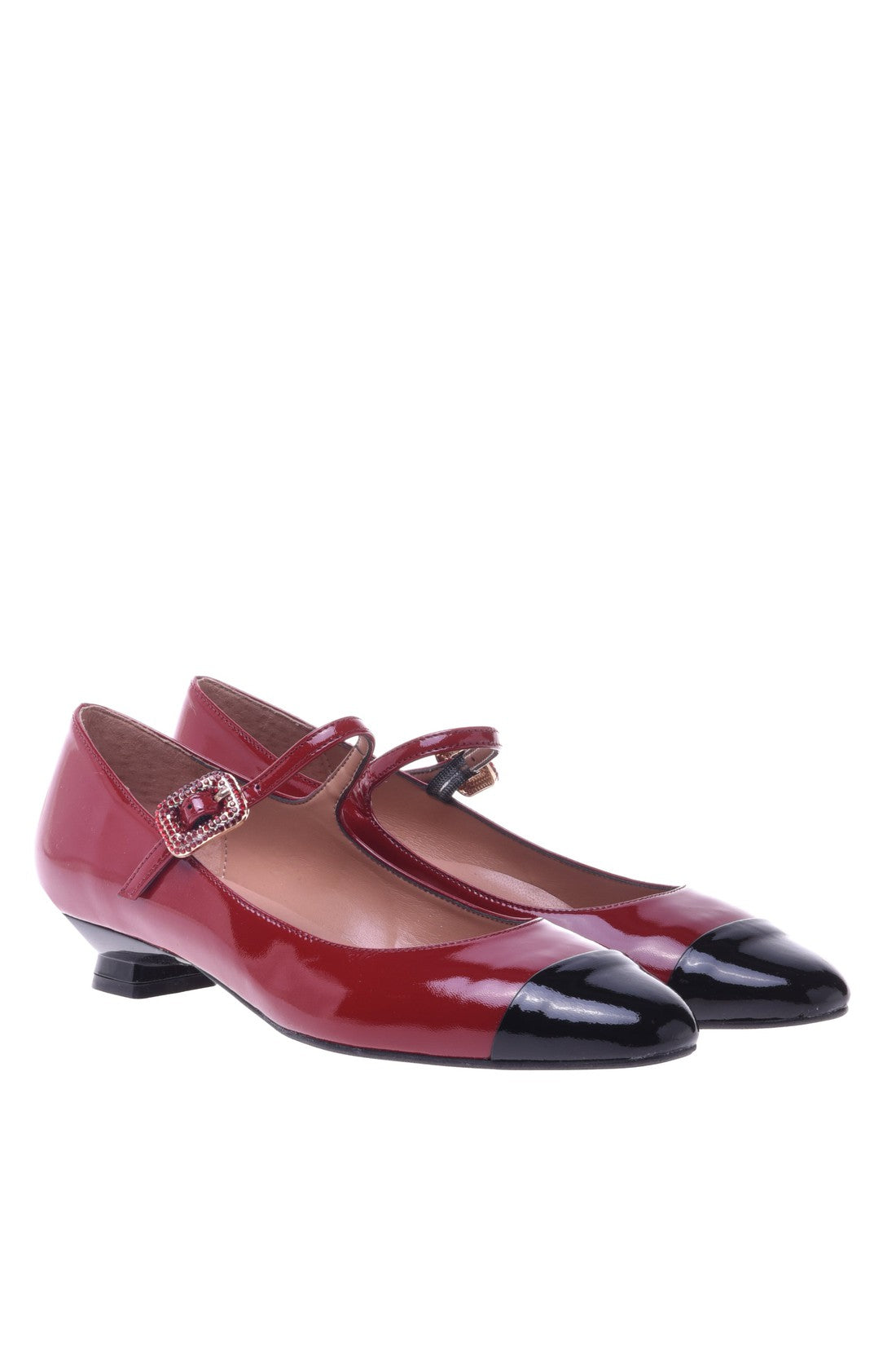 Red and black patent low court shoe