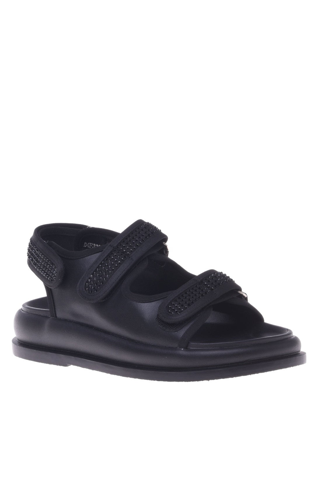 Sandal in black calfskin with rhinestones