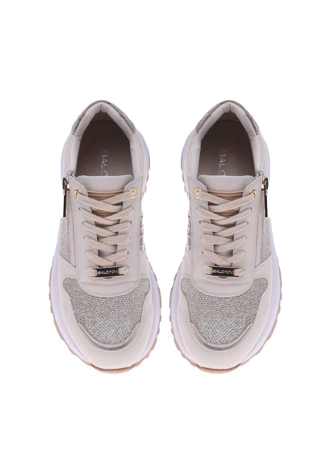 Sneaker in beige and platinum nappa leather and fabric