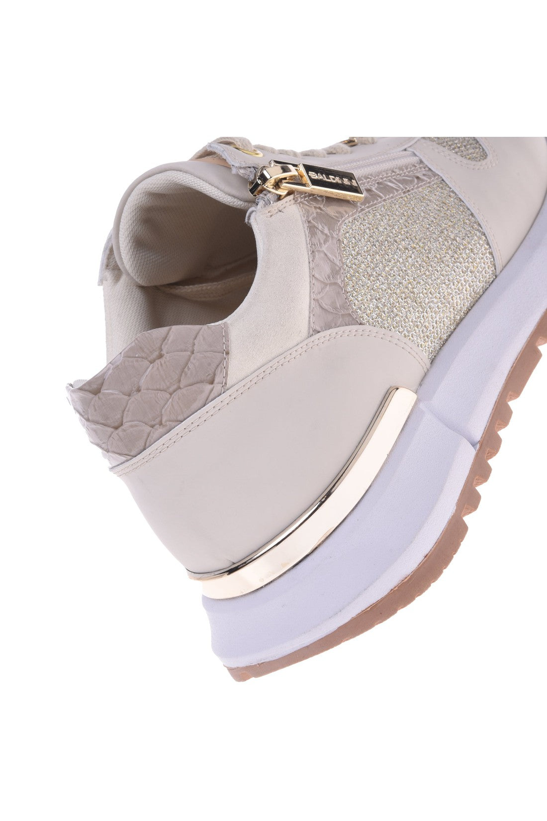 Sneaker in beige and platinum nappa leather and fabric