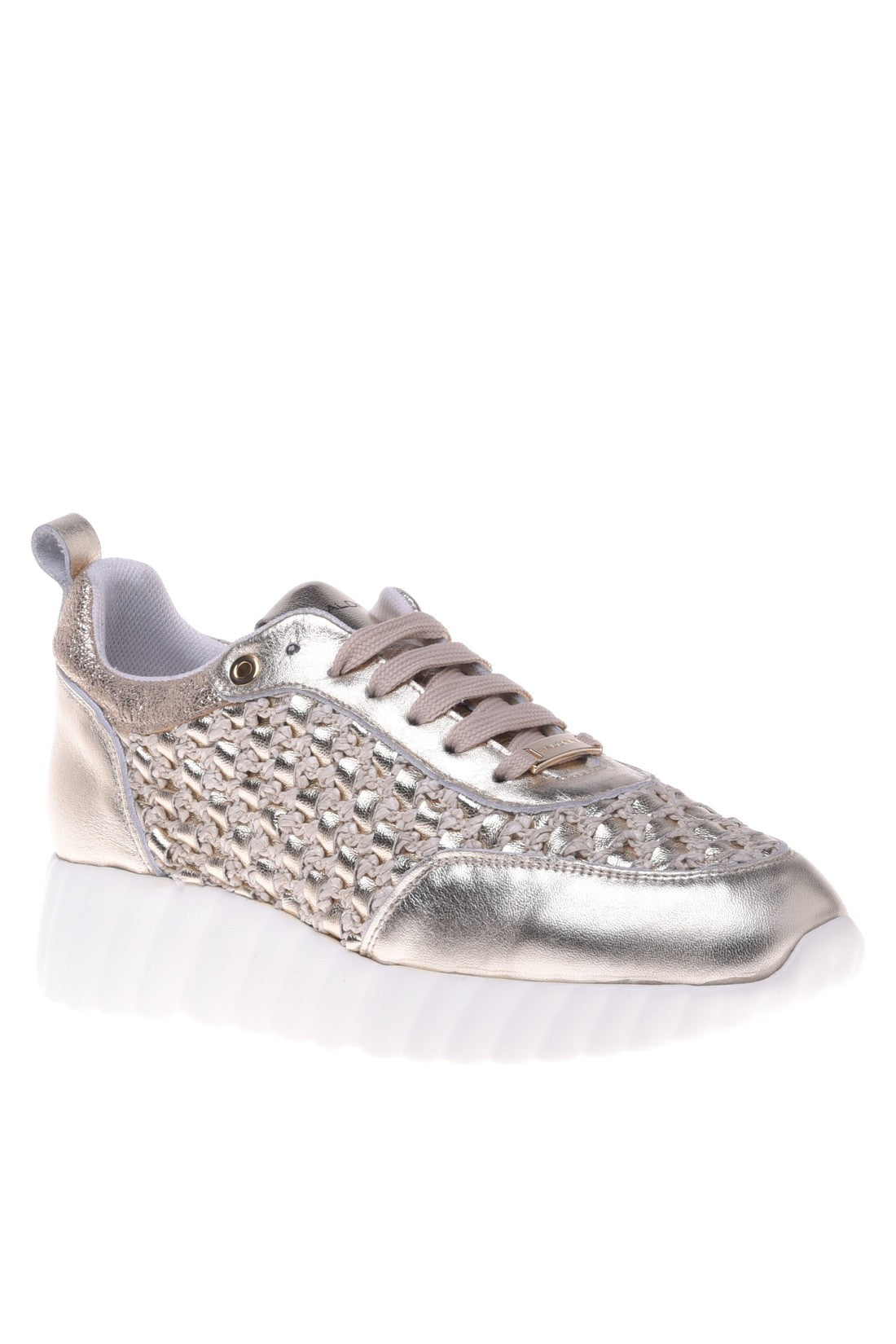 Sneaker in platinum and beige nappa leather and fabric