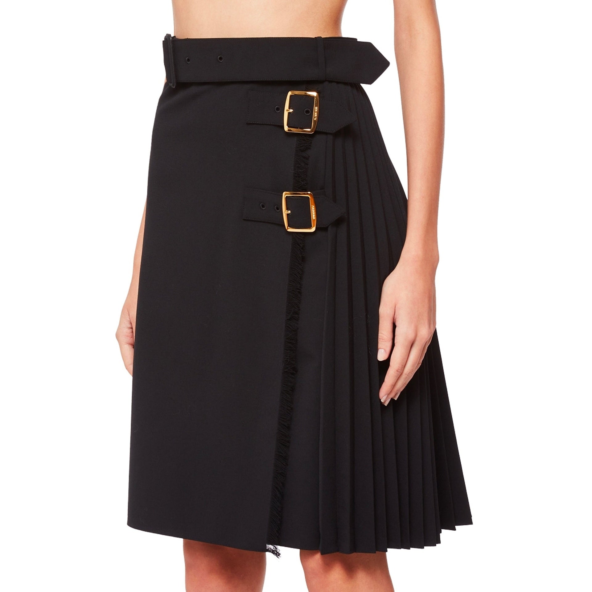 Burberry Pleated Panel Wool Blend Belted Kilt Skirt
