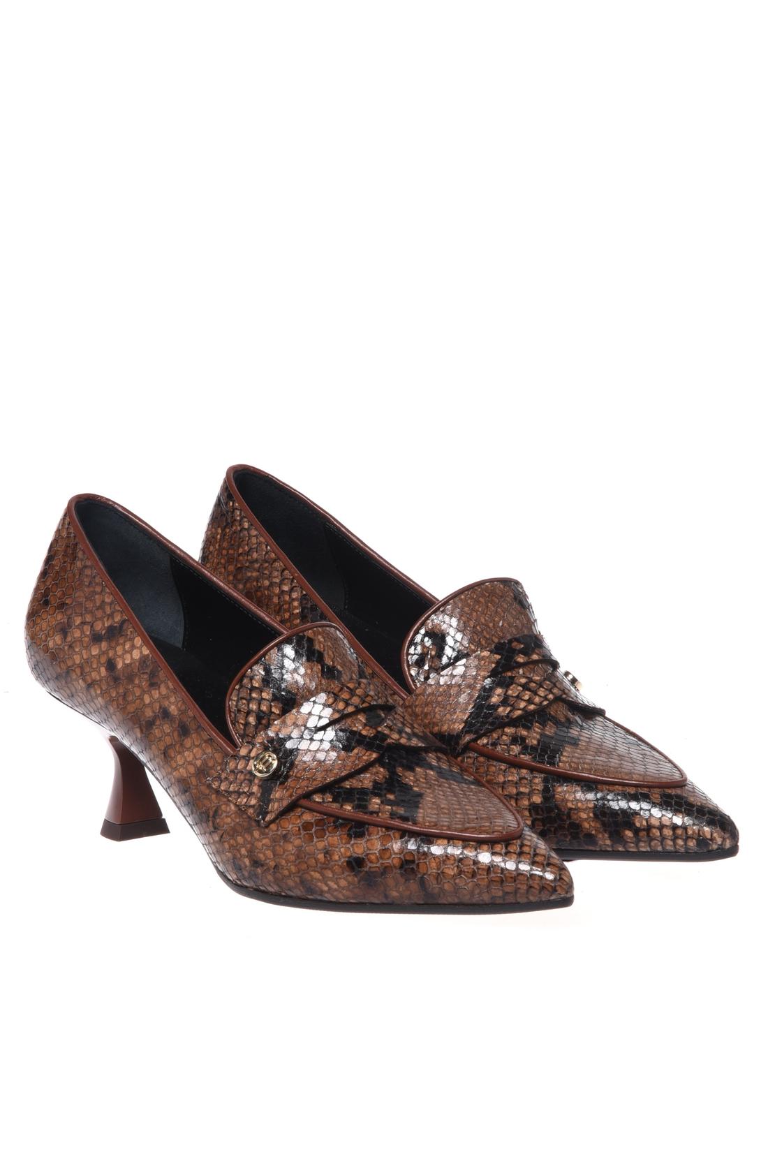 Brown snake print heeled loafers-Baldinini-Sale