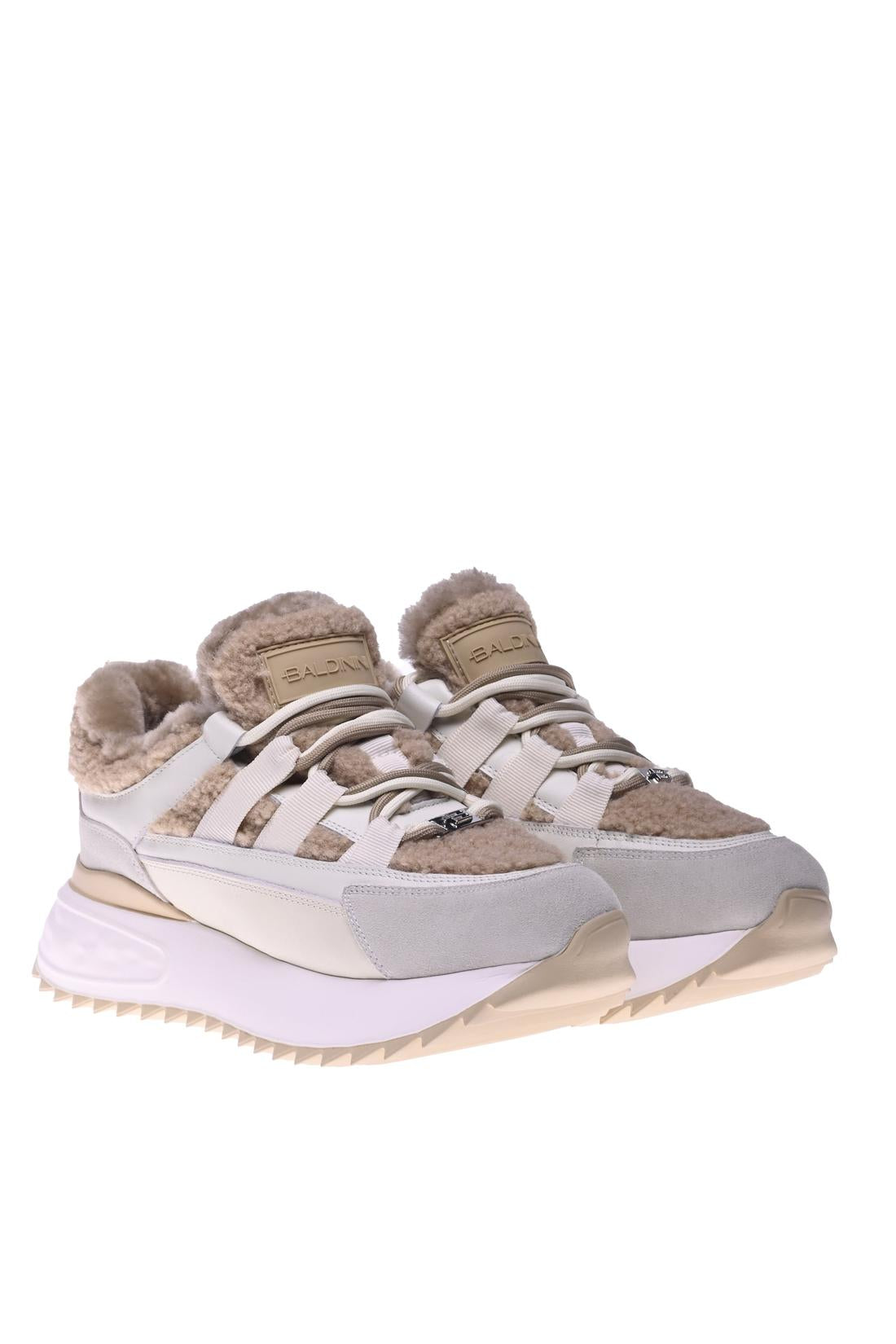 Sneaker in beige suede and tan eco shearling-Baldinini-Sale
