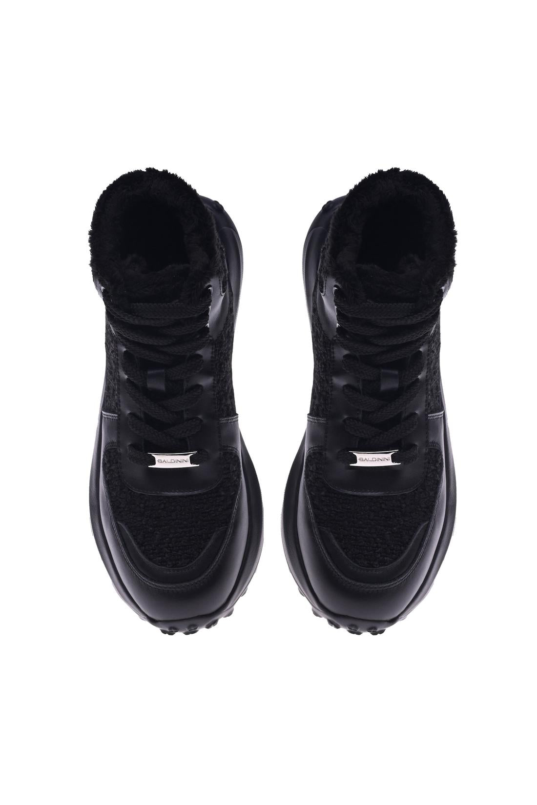 Sneaker in black leather and black teddy fabric-Baldinini-Sale