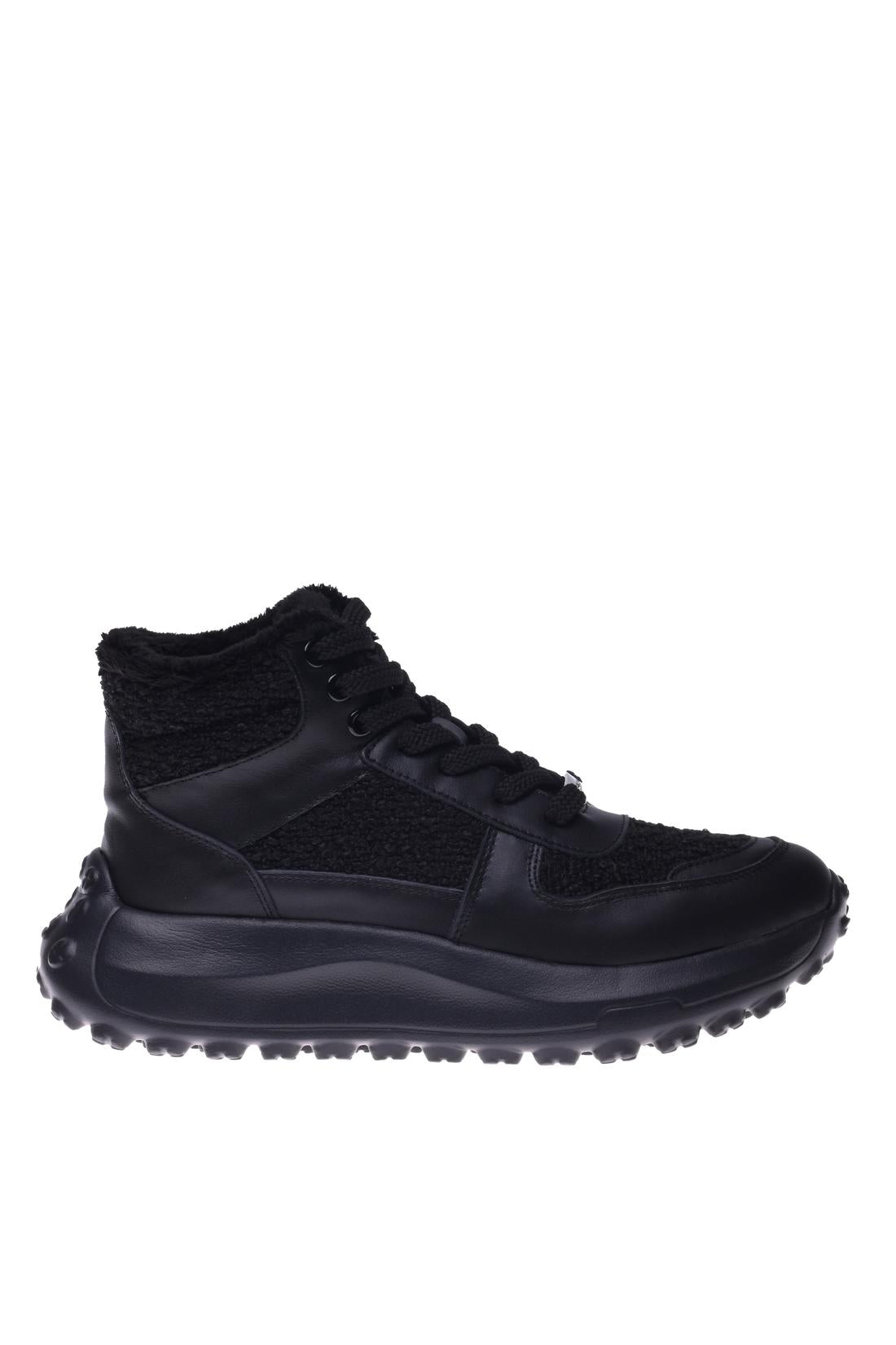 Sneaker in black leather and black teddy fabric-Baldinini-Sale