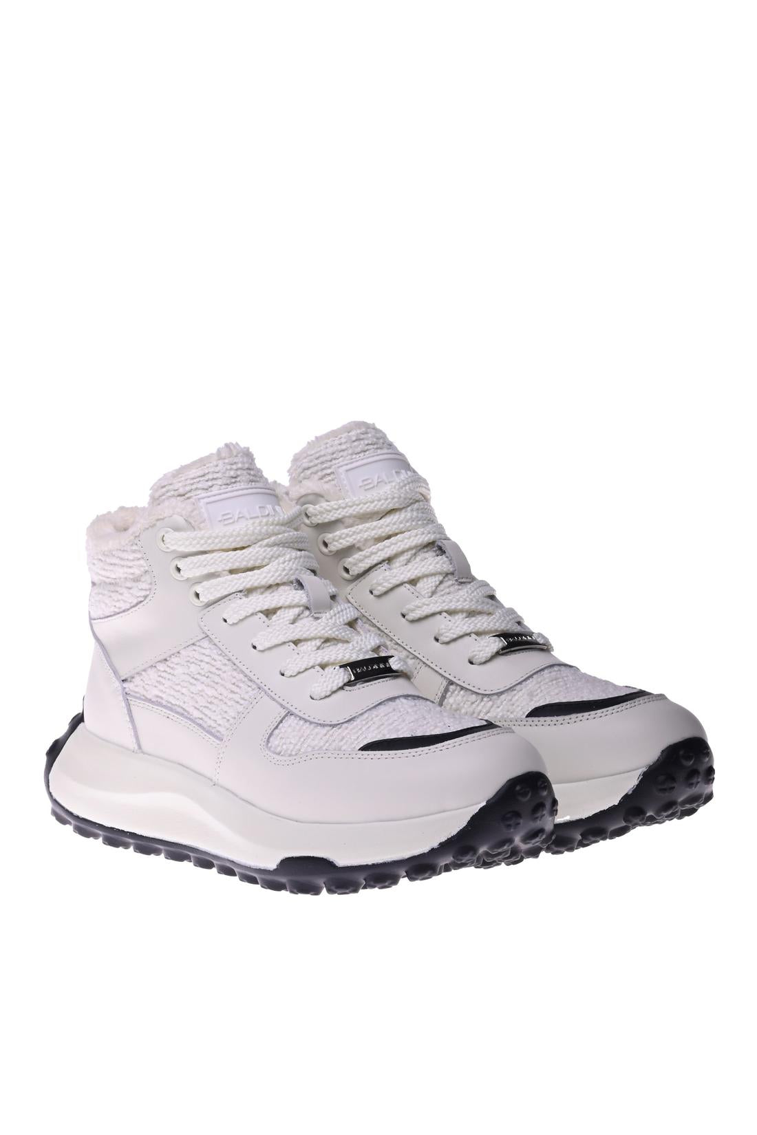 Sneaker in white leather and white teddy fabric-Baldinini-Sale