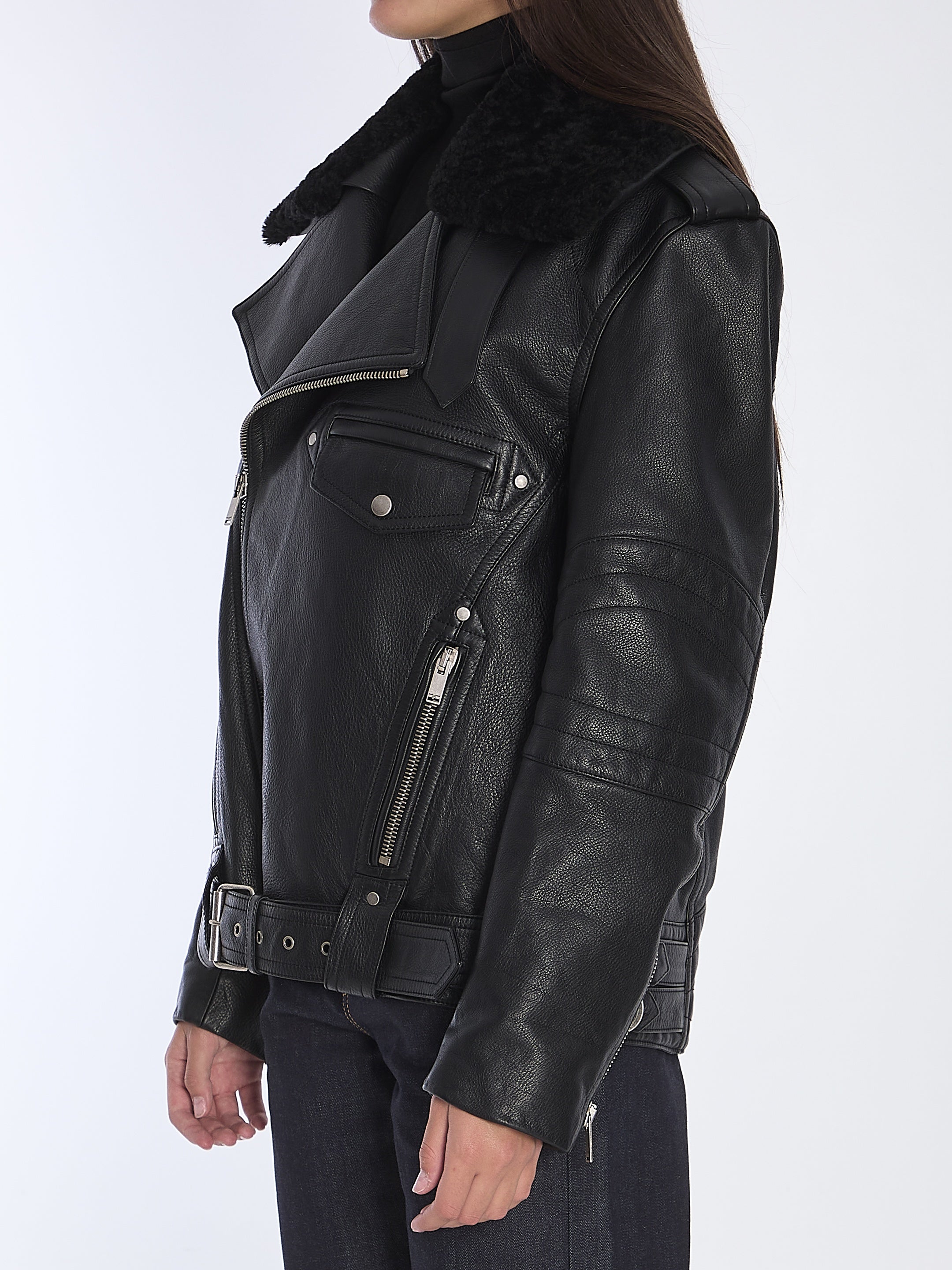 SAINT LAURENT-OUTLET-SALE-Biker jacket in vintage leather and shearling-ARCHIVIST