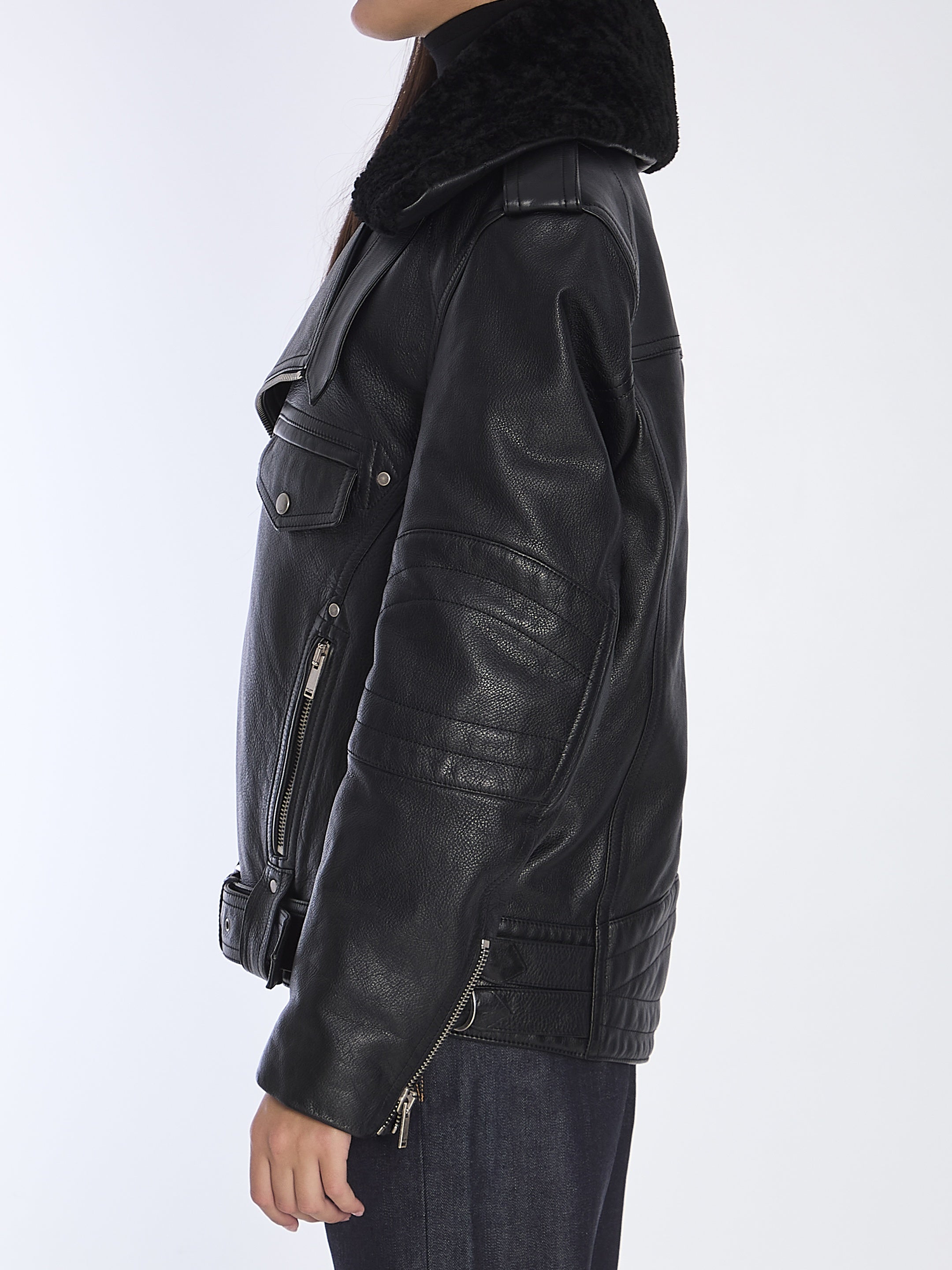 SAINT LAURENT-OUTLET-SALE-Biker jacket in vintage leather and shearling-ARCHIVIST