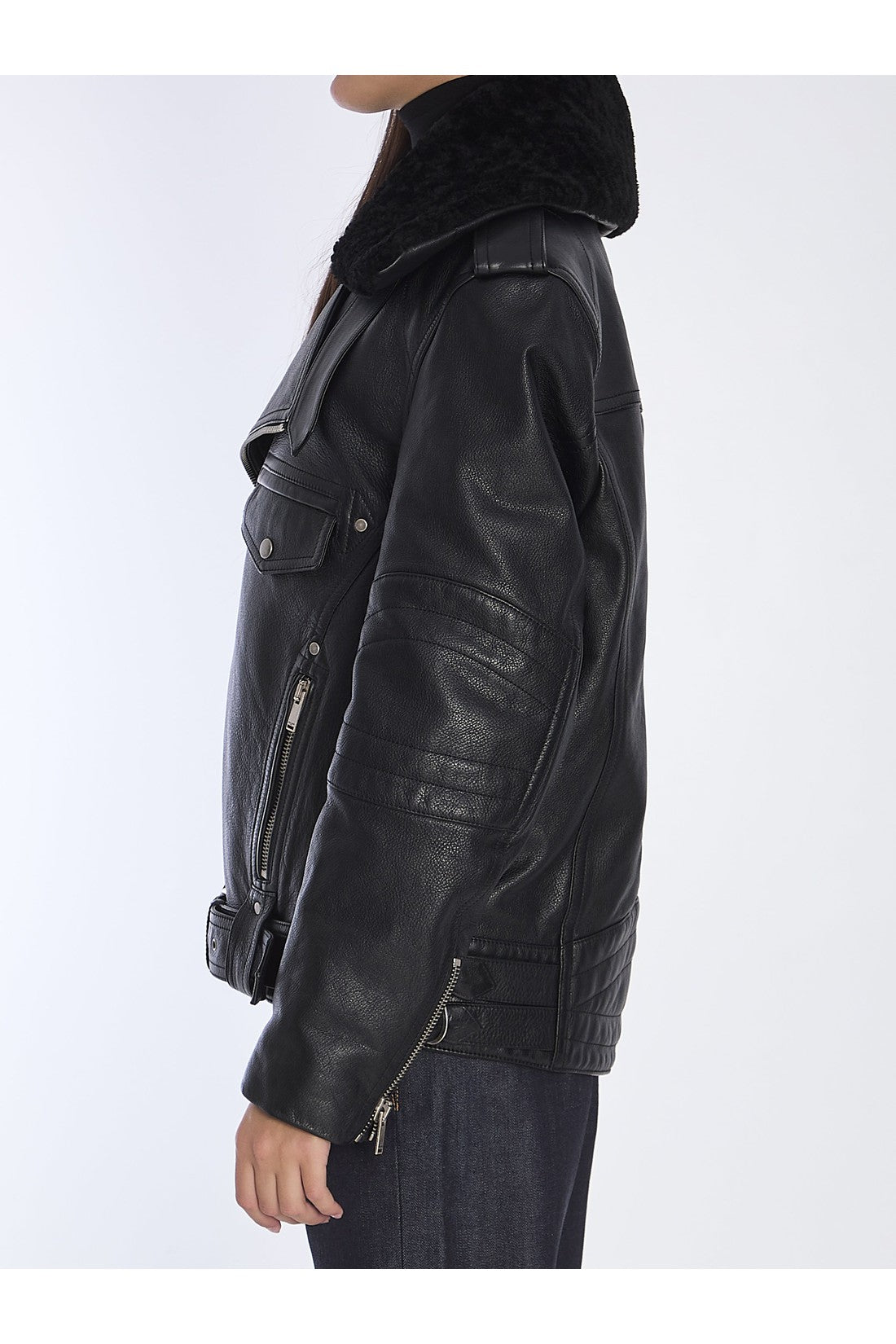 SAINT LAURENT-OUTLET-SALE-Biker jacket in vintage leather and shearling-ARCHIVIST