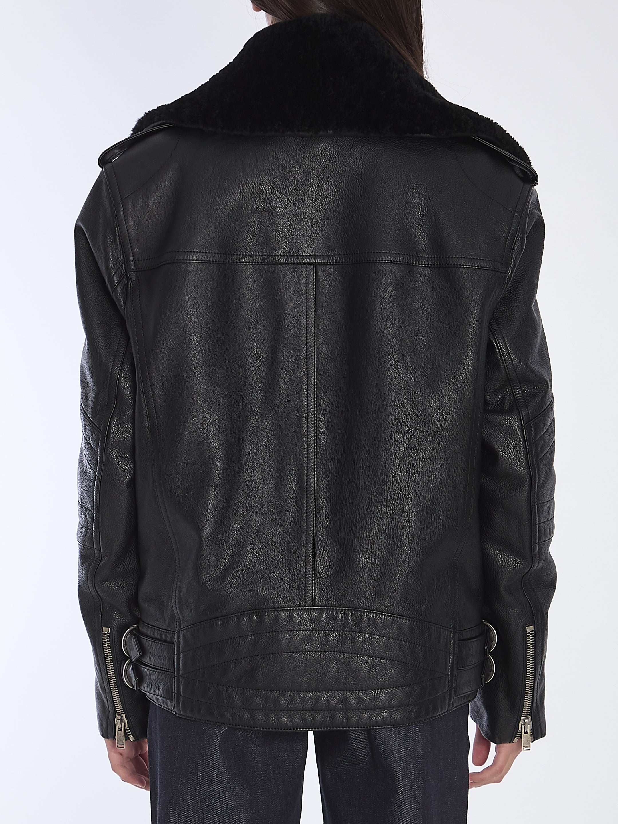 SAINT LAURENT-OUTLET-SALE-Biker jacket in vintage leather and shearling-ARCHIVIST