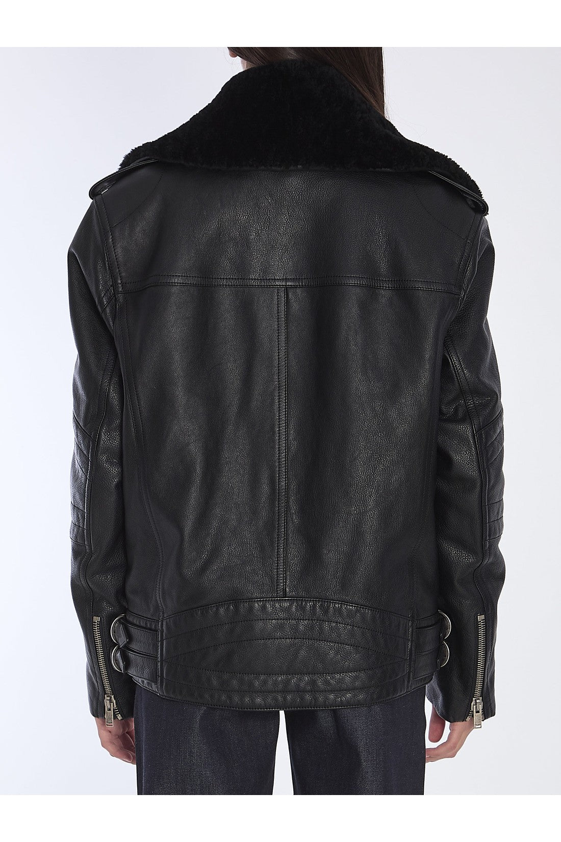 SAINT LAURENT-OUTLET-SALE-Biker jacket in vintage leather and shearling-ARCHIVIST