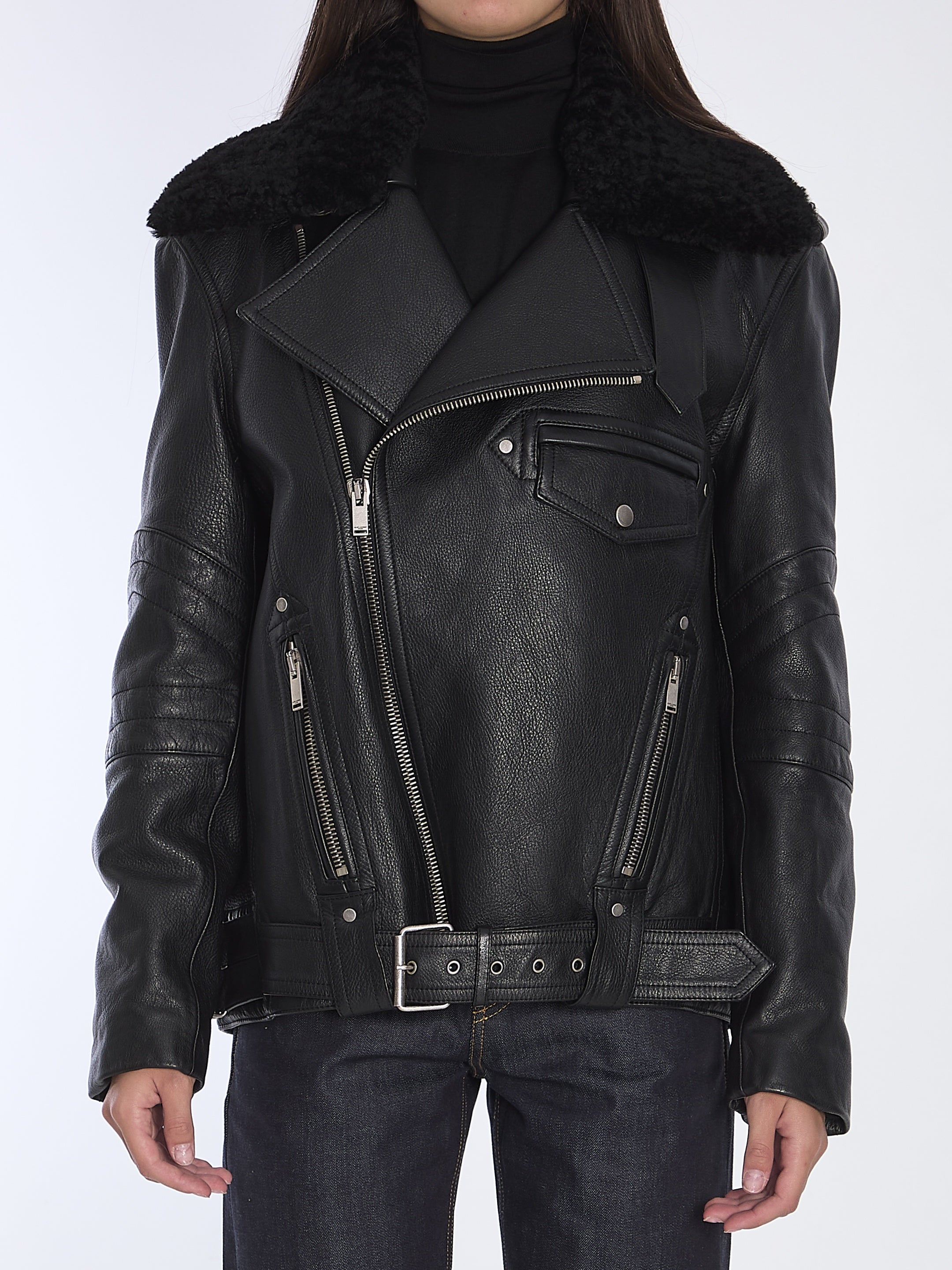 SAINT LAURENT-OUTLET-SALE-Biker jacket in vintage leather and shearling-ARCHIVIST