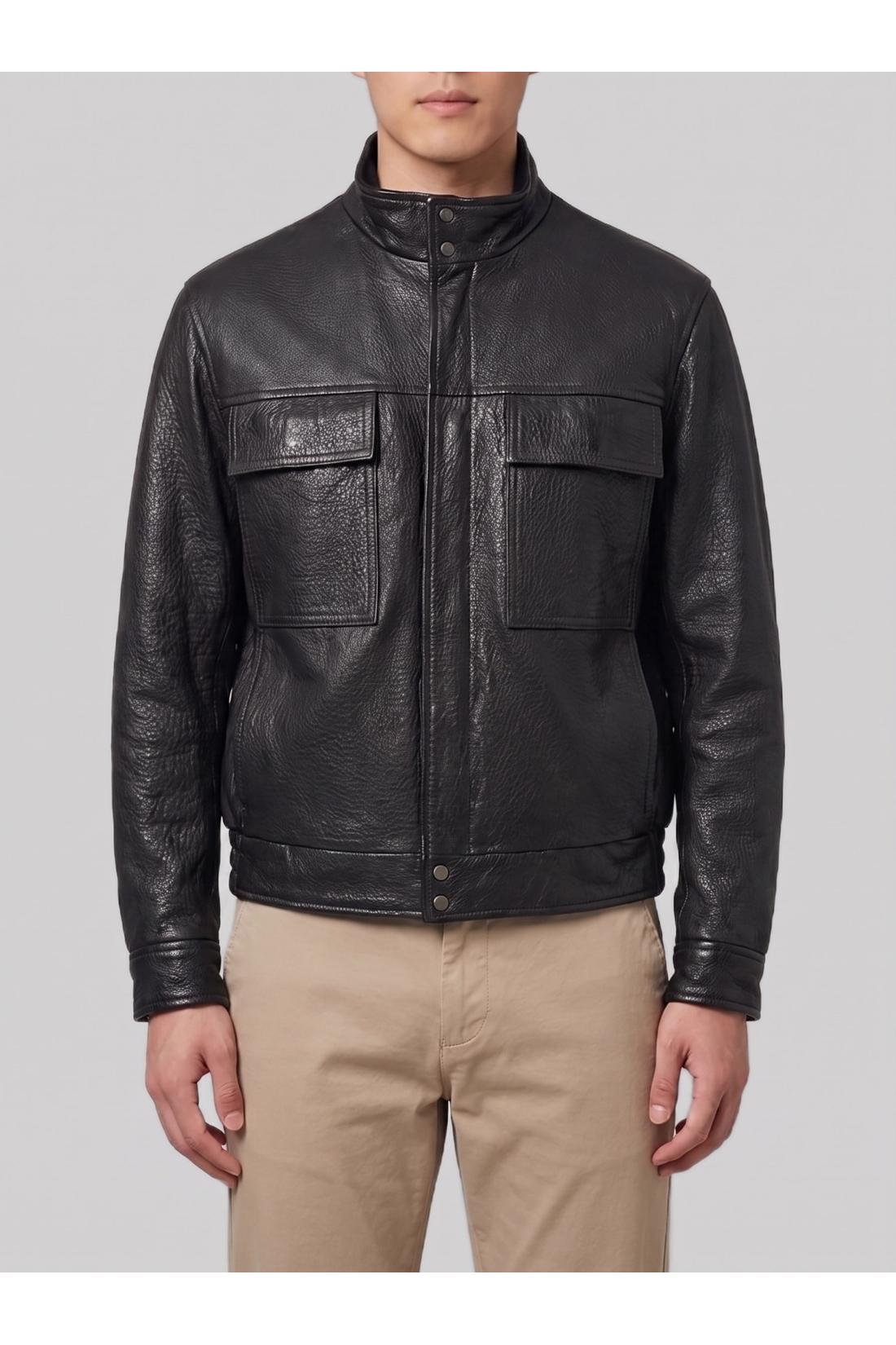 Salvatore Santoro-OUTLET-SALE-Black hammered leather bomber jacket-ARCHIVIST