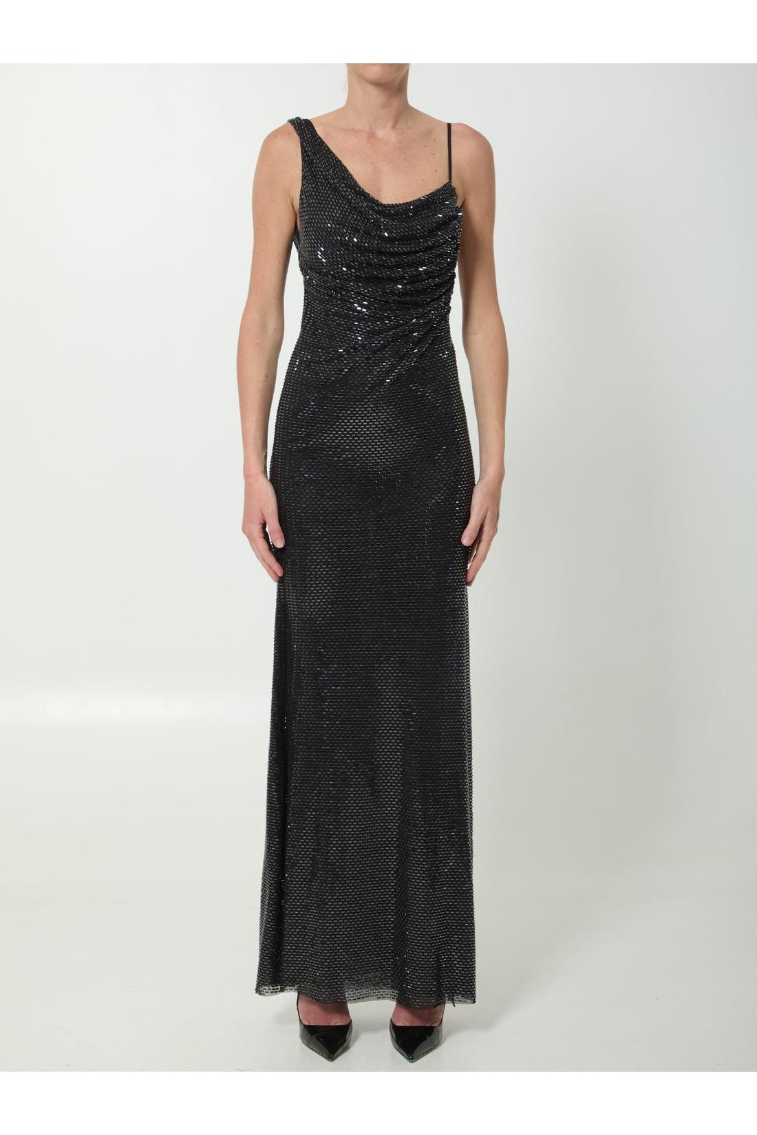 Self Portrait-OUTLET-SALE-Black rhinestones draped maxi dress-ARCHIVIST