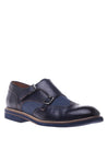 Blue calfskin and canvas lace-up with double buckle