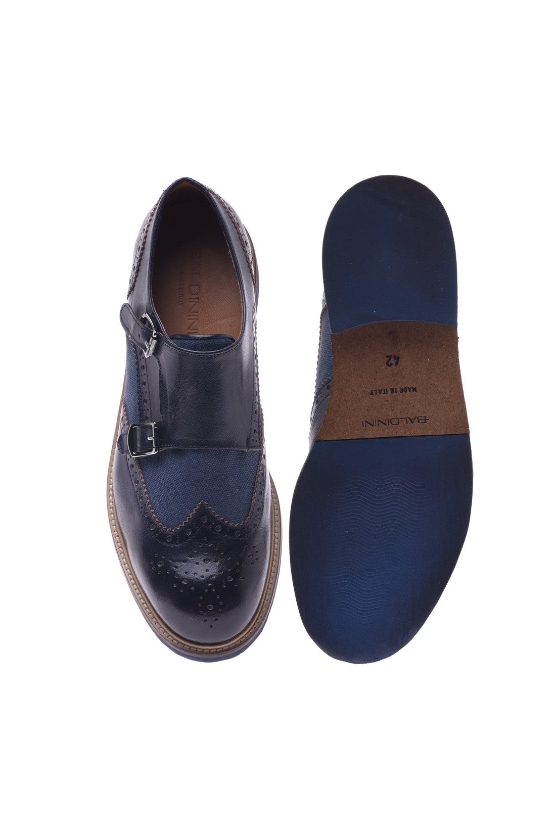 Blue calfskin and canvas lace-up with double buckle