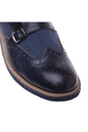 Blue calfskin and canvas lace-up with double buckle