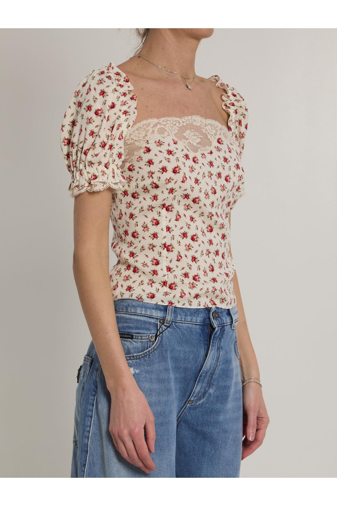 Dolce & Gabbana-OUTLET-SALE-Charmeuse top with rose print-ARCHIVIST