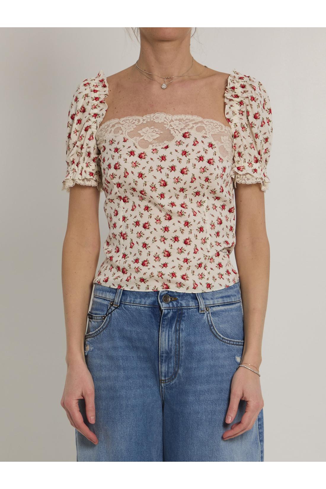 Dolce & Gabbana-OUTLET-SALE-Charmeuse top with rose print-ARCHIVIST