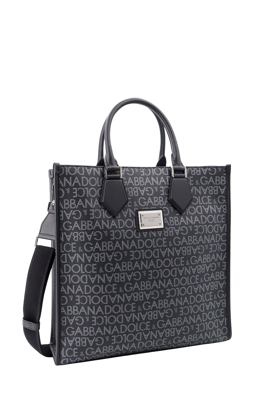 DOLCE & GABBANA-OUTLET-SALE-Coated canvas and leather handbag with all-over logo-ARCHIVIST