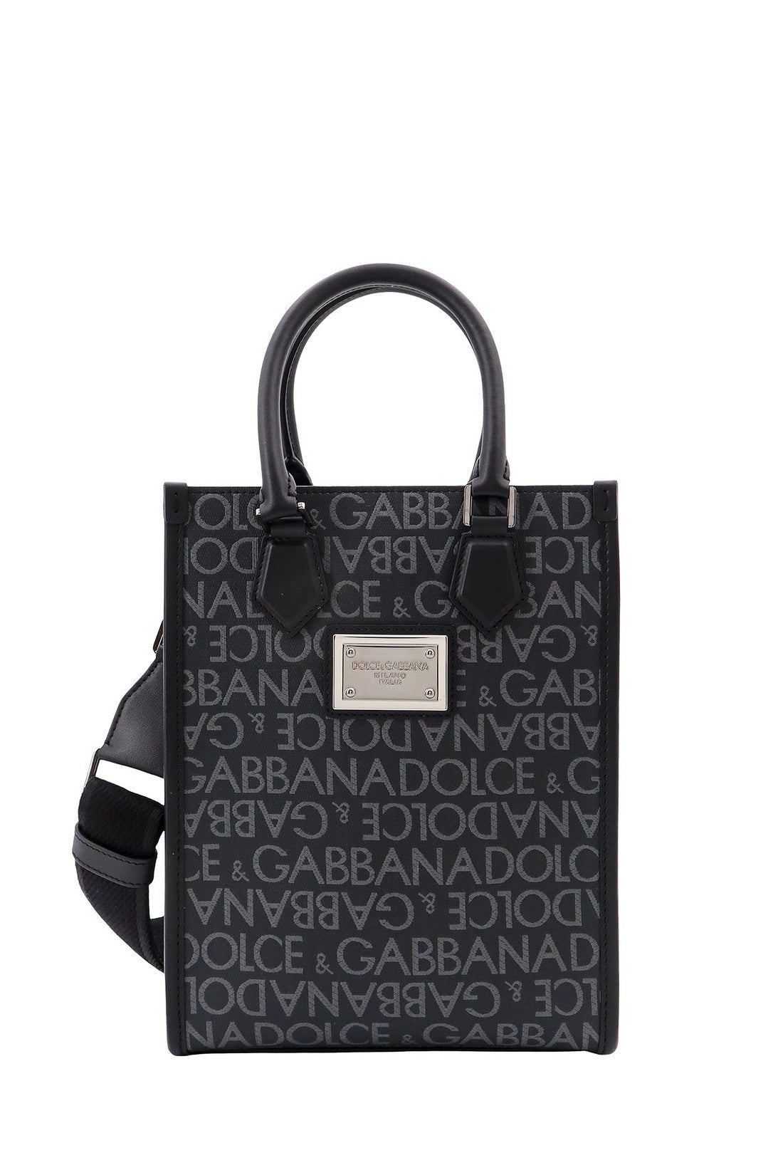 DOLCE & GABBANA-OUTLET-SALE-Coated canvas and leather handbag with all-over logo-ARCHIVIST