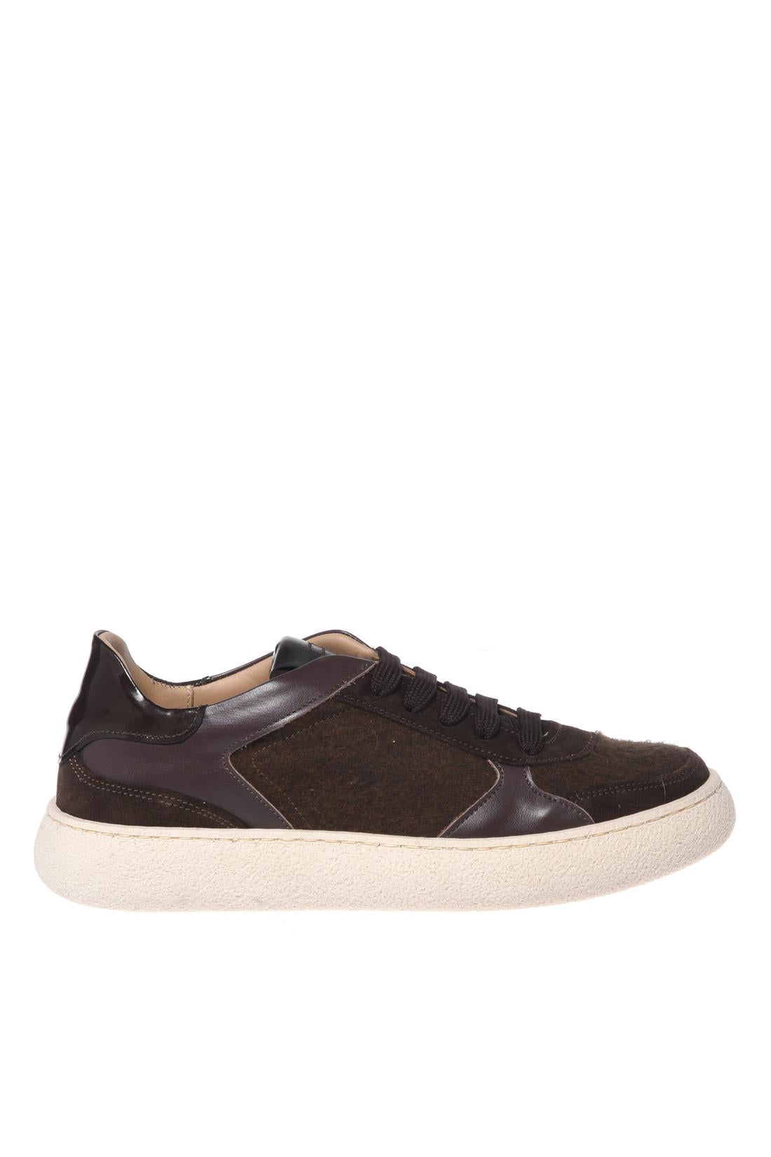Dark brown suede leather and woollen fabric trainers