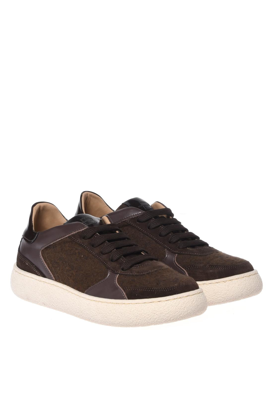 Dark brown suede leather and woollen fabric trainers