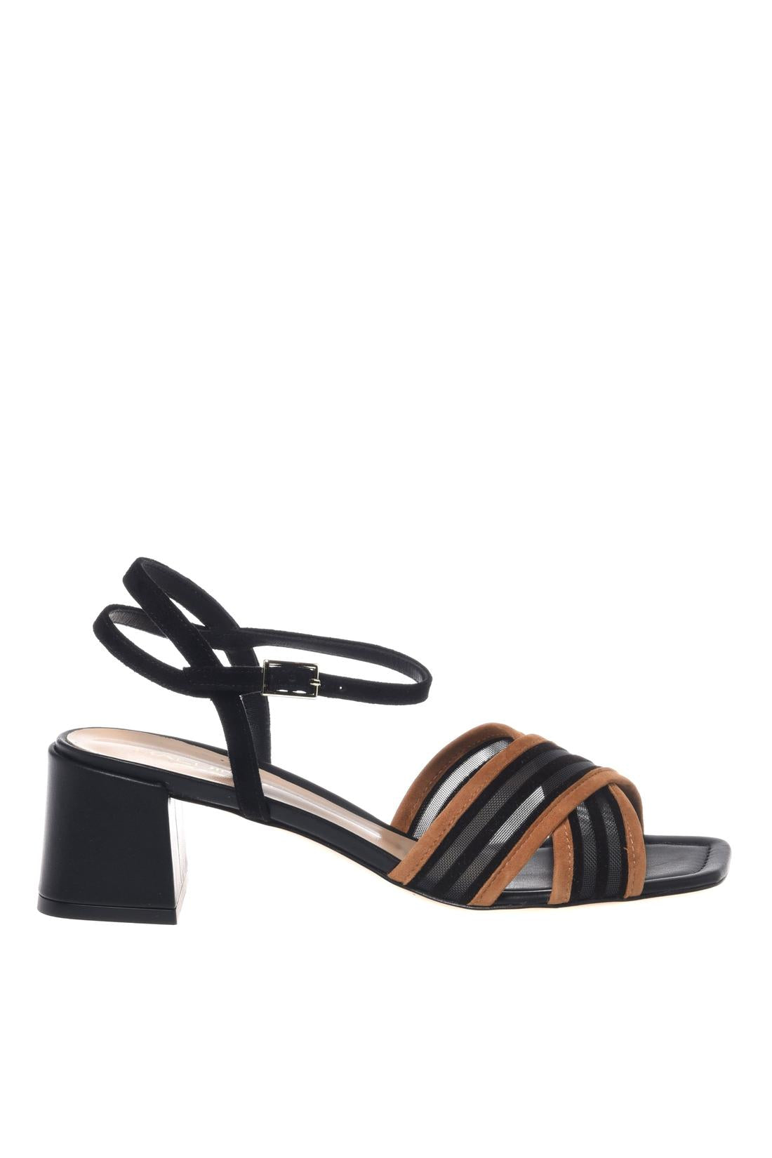 Black mesh and tan suede sandal