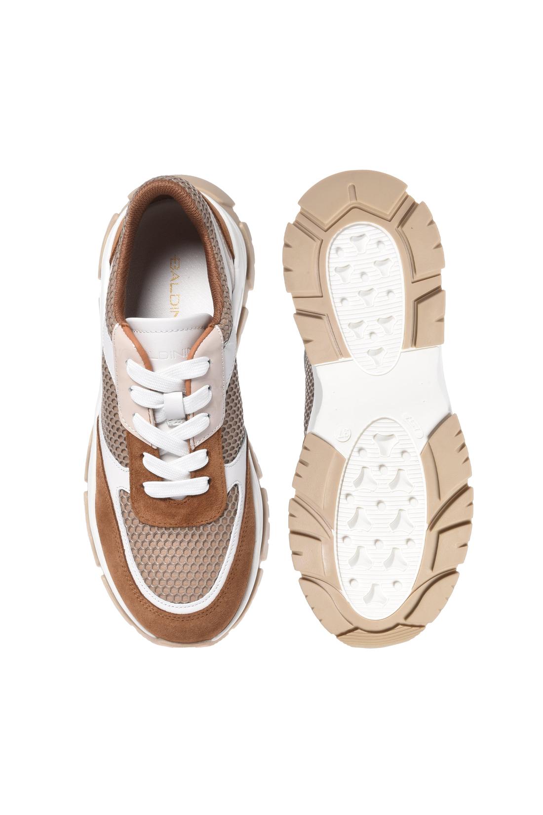 Tan suede and beige mesh sneaker