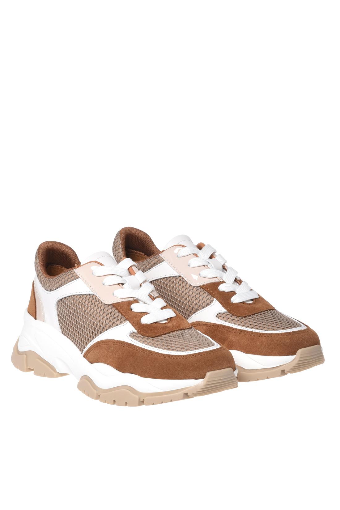 Tan suede and beige mesh sneaker