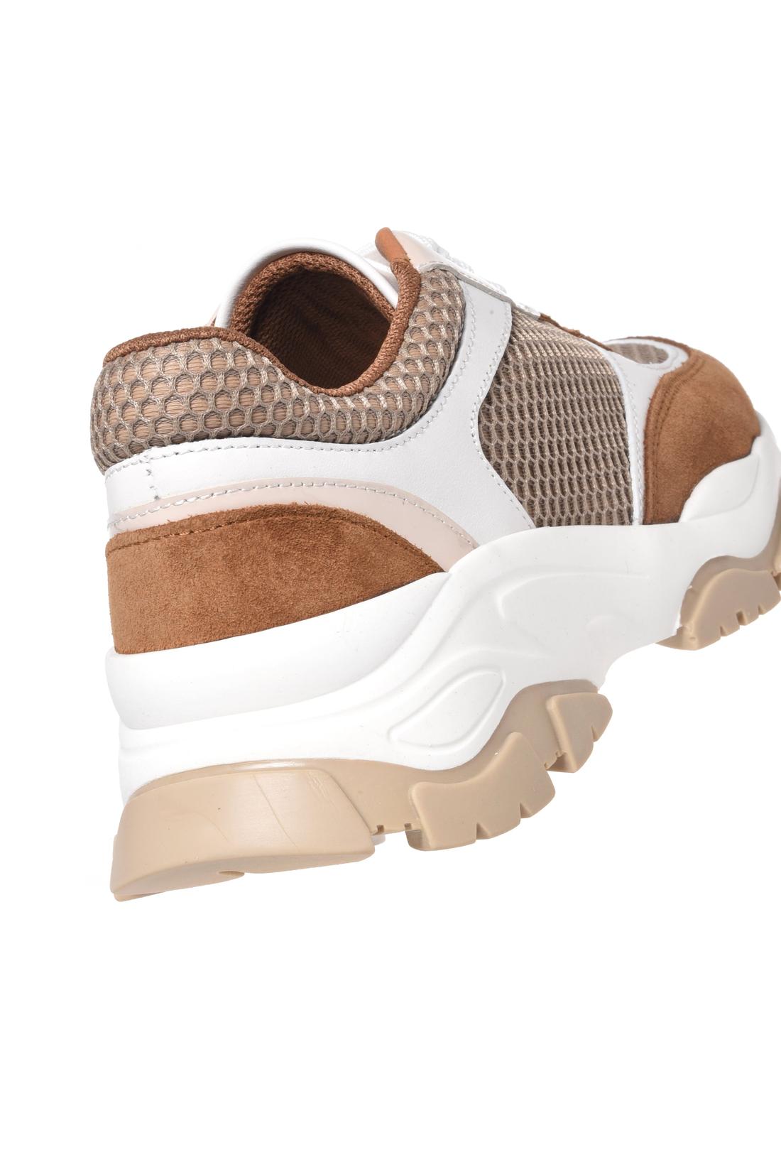 Tan suede and beige mesh sneaker