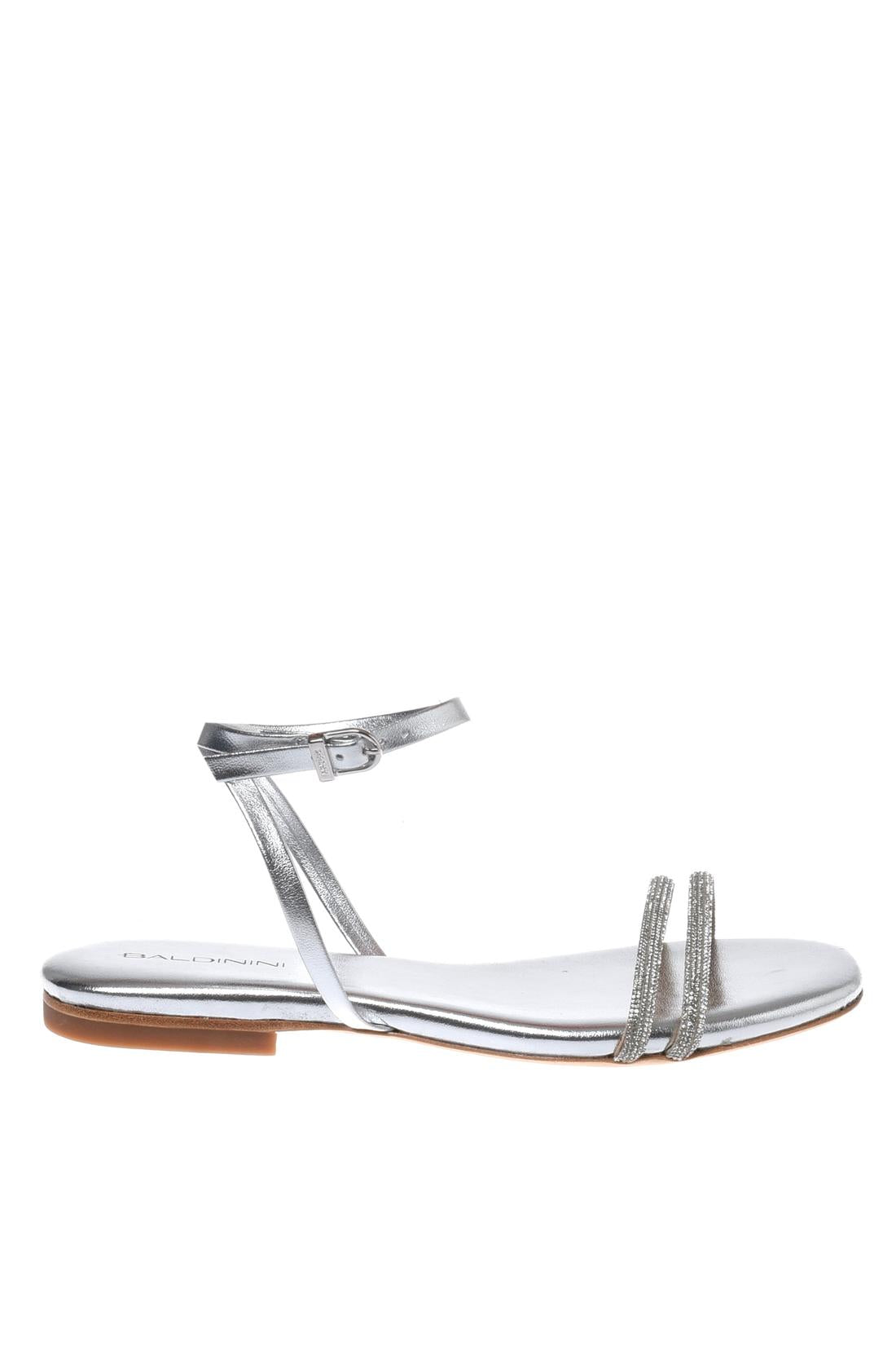 Sandal with rhinestones in laminated eco nappa silver