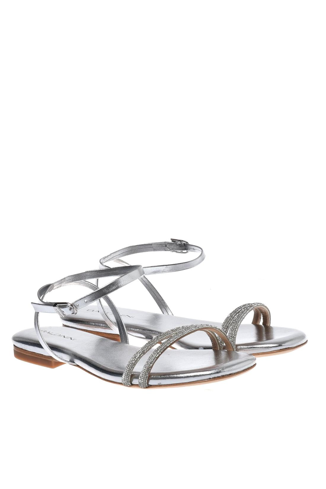 Sandal with rhinestones in laminated eco nappa silver