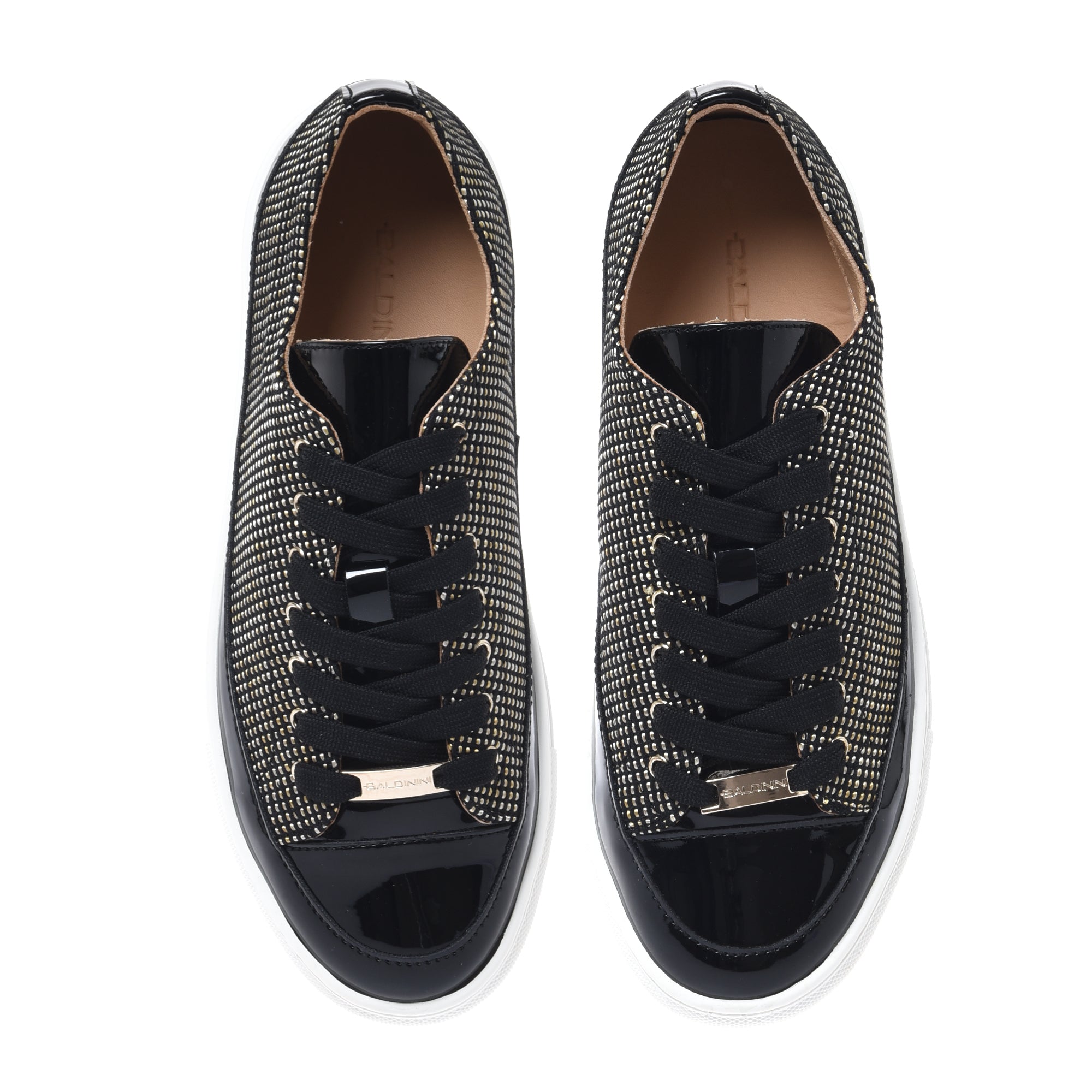 Sneaker with studs in patent leather and raffia black-Baldinini-OUTLET-ARCHIVIST-ARCHIVE-SALE