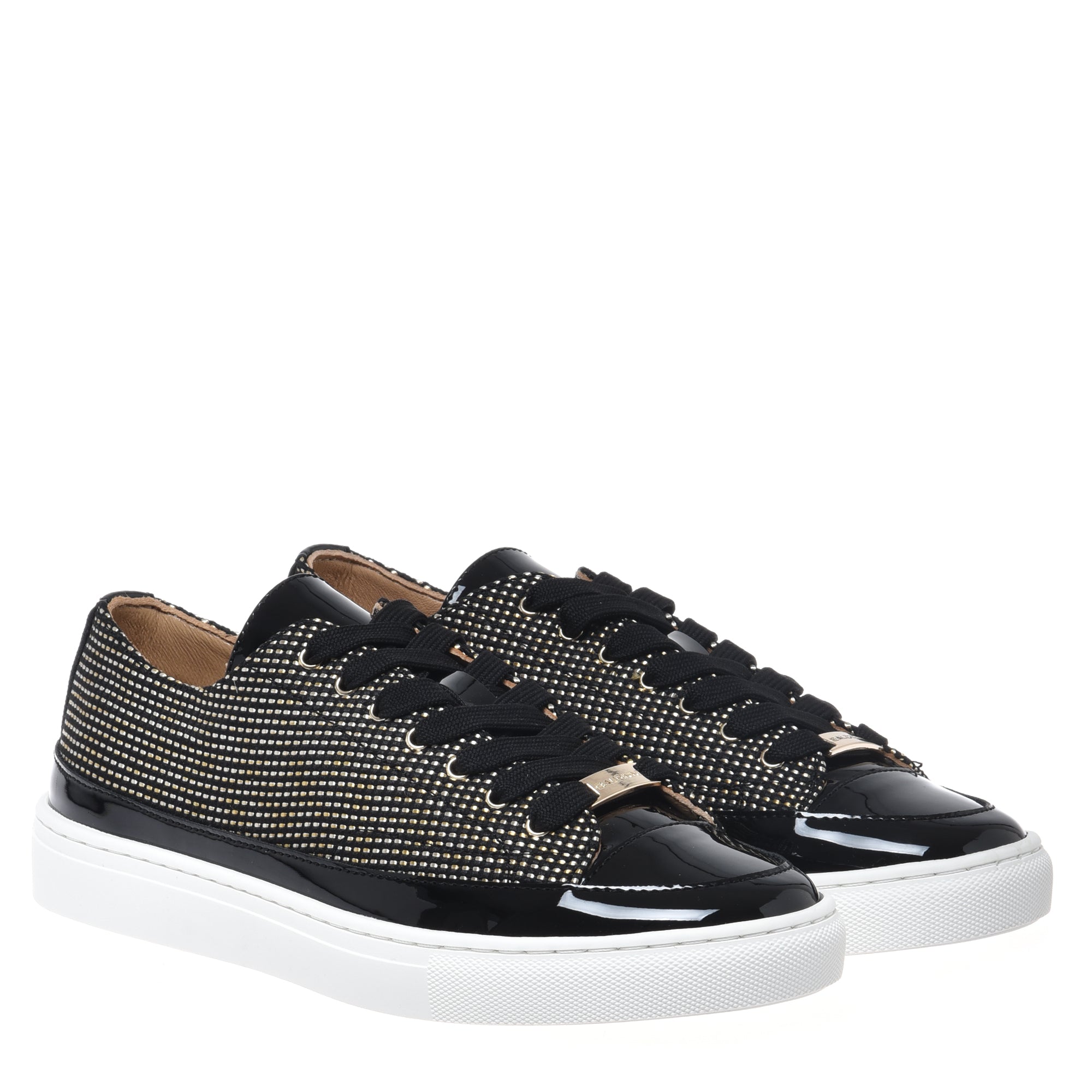 Sneaker with studs in patent leather and raffia black-Baldinini-OUTLET-ARCHIVIST-ARCHIVE-SALE