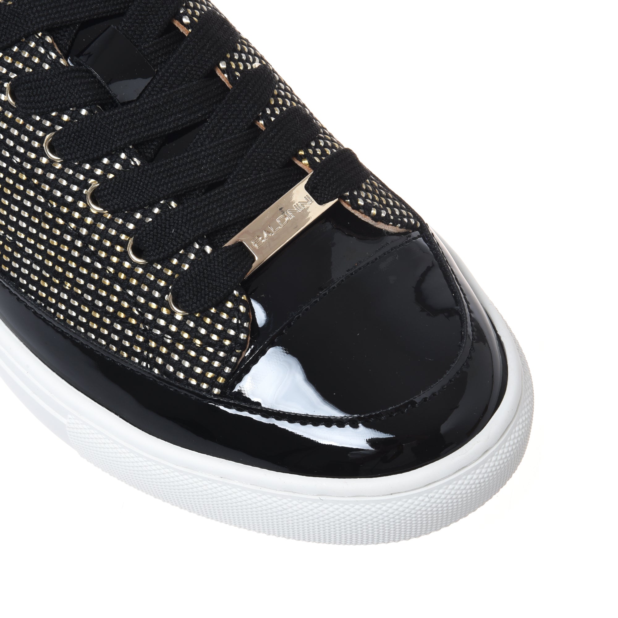 Sneaker with studs in patent leather and raffia black-Baldinini-OUTLET-ARCHIVIST-ARCHIVE-SALE