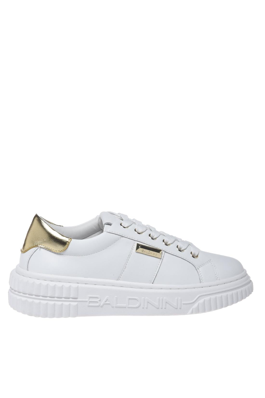 White leather sneakers with light gold metallic leather inserts