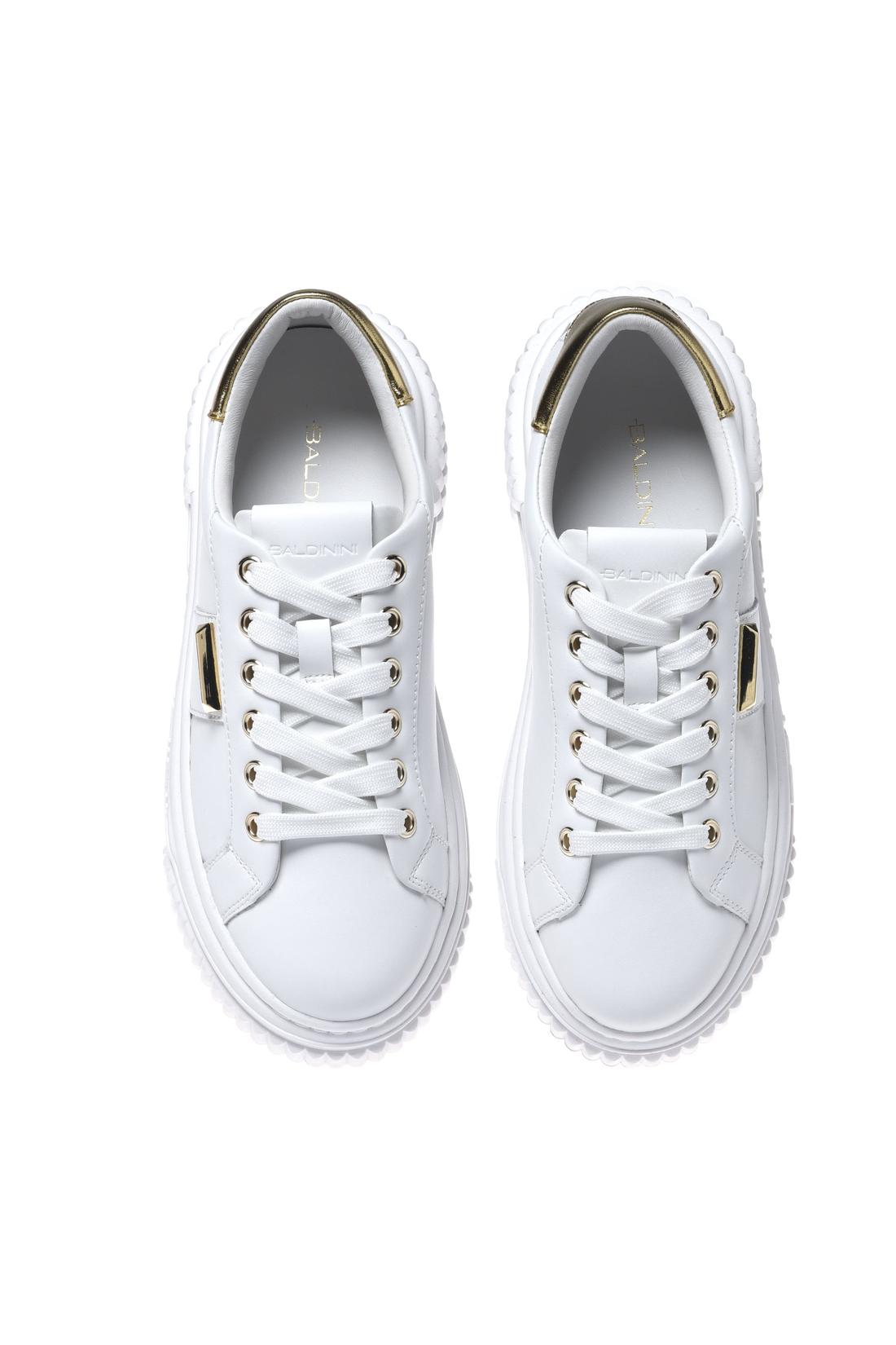 White leather sneakers with light gold metallic leather inserts