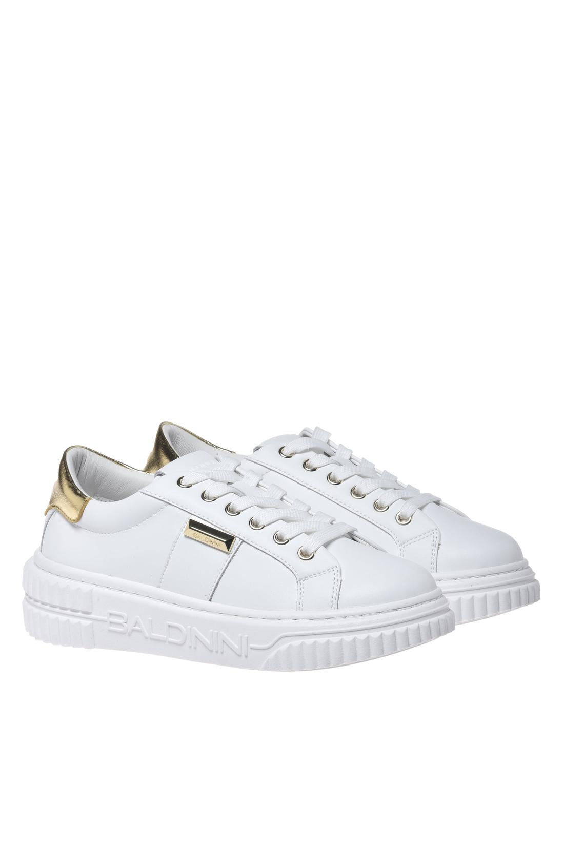 White leather sneakers with light gold metallic leather inserts