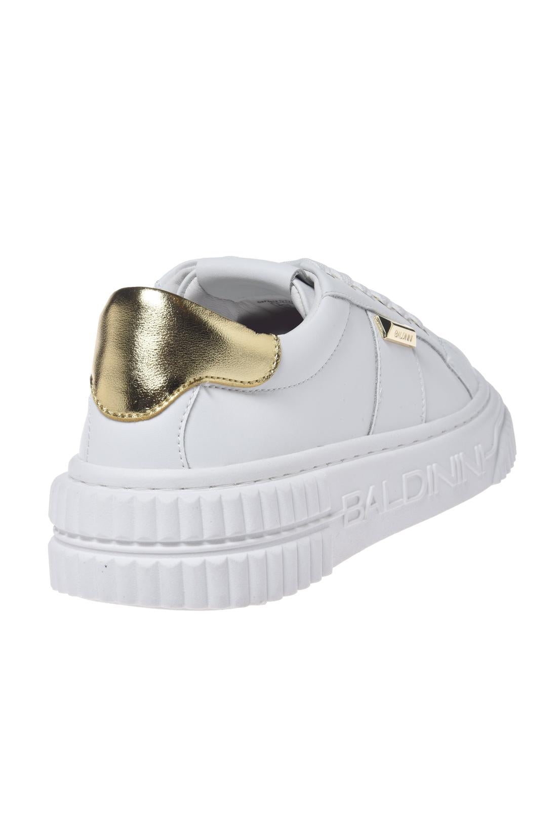 White leather sneakers with light gold metallic leather inserts