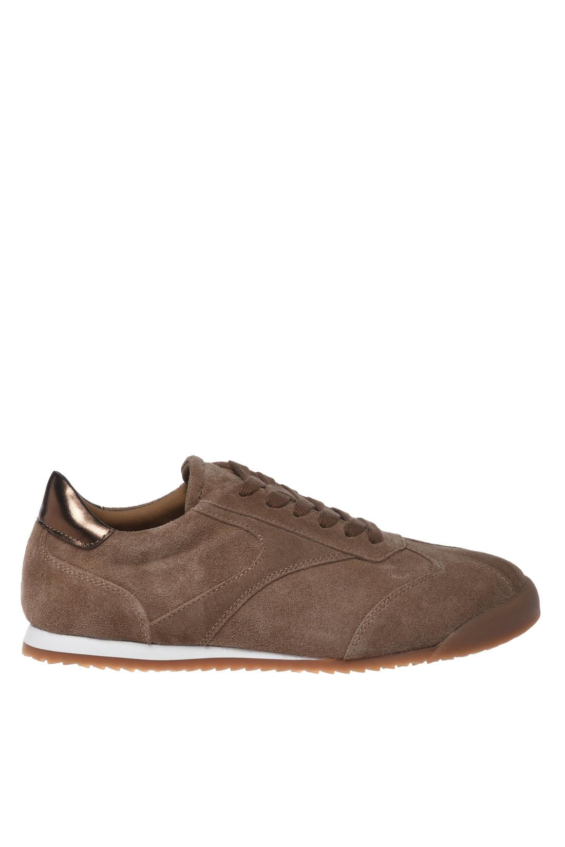Brown suede sneakers with bronze metallic leather inserts-Sneaker-Baldinini-OUTLET-35-SAVANA-BRONZO-ARCHIVIST-ARCHIVE-SALE