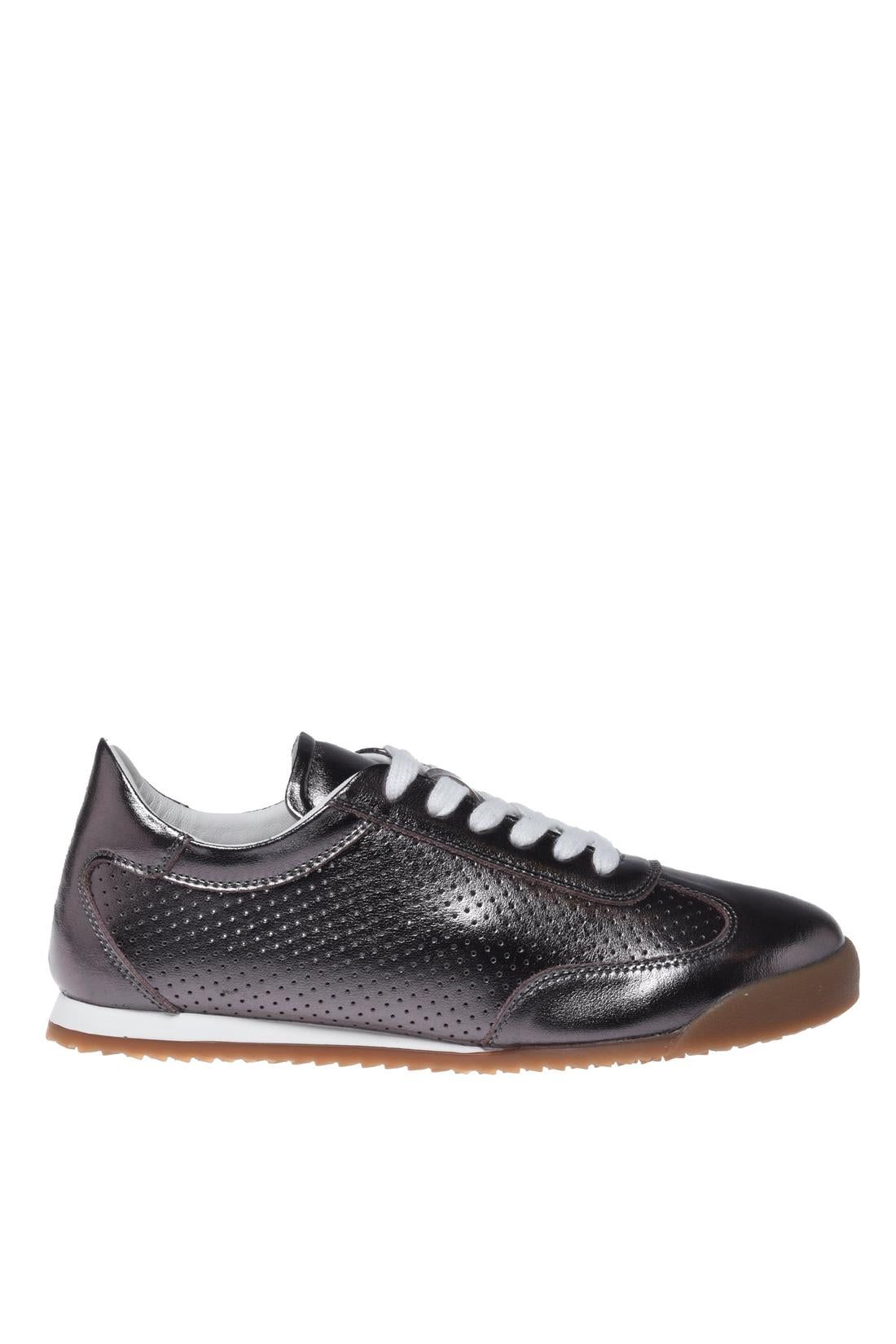 Dark brown perforated metallic leather sneakers