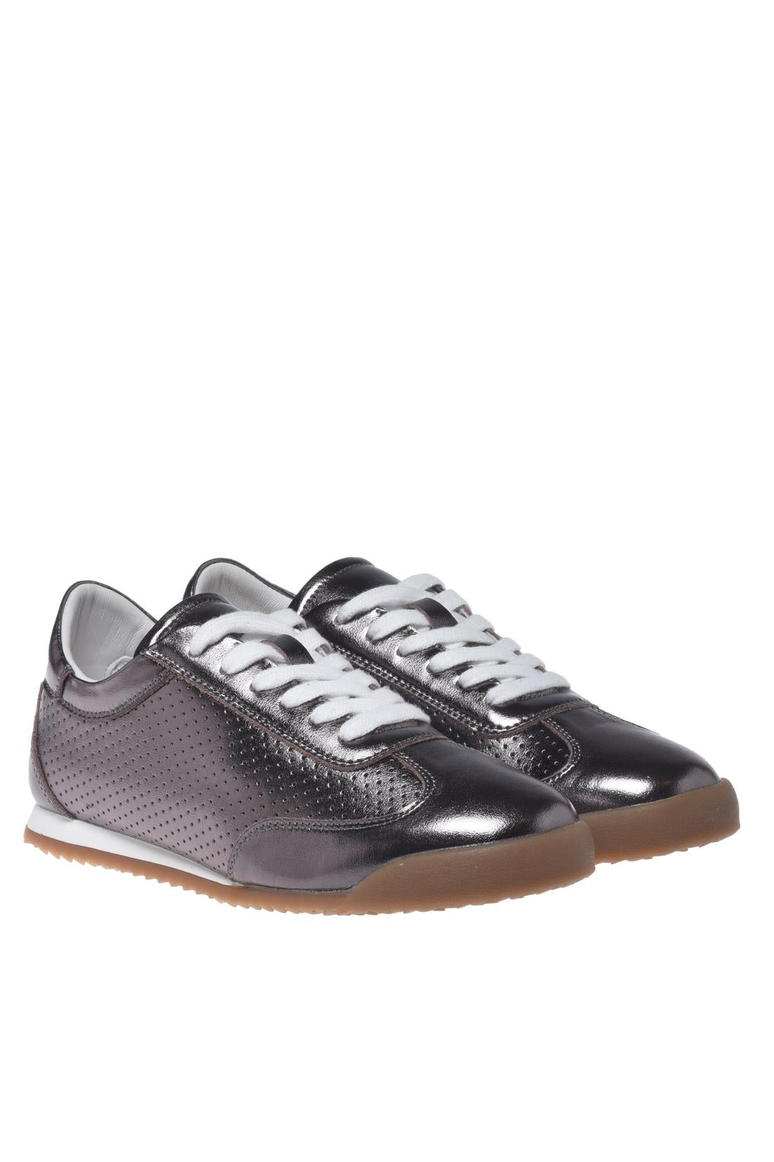 Dark brown perforated metallic leather sneakers